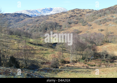 Vista da Cumbria modo vicino ad alta Arnside, attraverso Holme cadde a Snow capped Coniston Fells Foto Stock