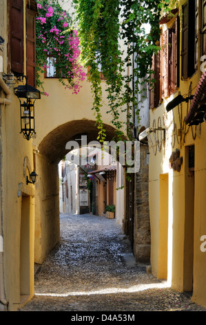 Rodi Grecia. Arcuata vicolo di ciottoli ricche di bougainvillaea e piante colorate a cinta di mura la città medievale di Rodi. Foto Stock