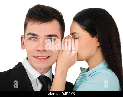 Isolato young business giovane whispering Foto Stock