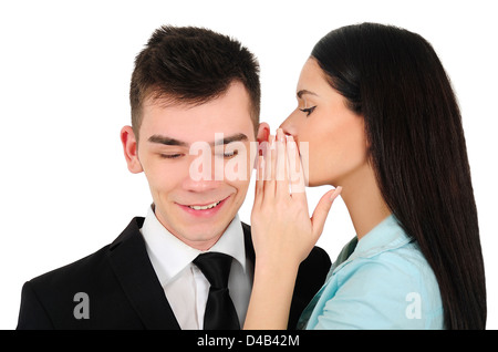 Isolato young business giovane whispering Foto Stock