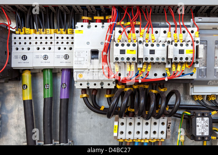 Il pannello elettrico con fusibili e contattori. Foto Stock