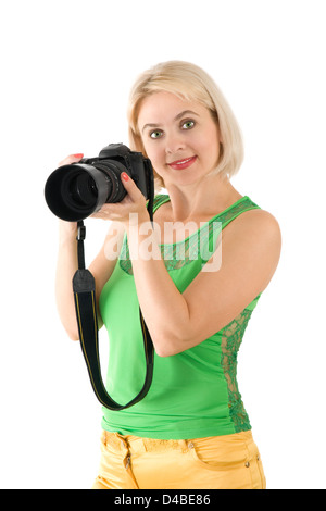 La signora - fotografo è fotografato sullo sfondo bianco Foto Stock