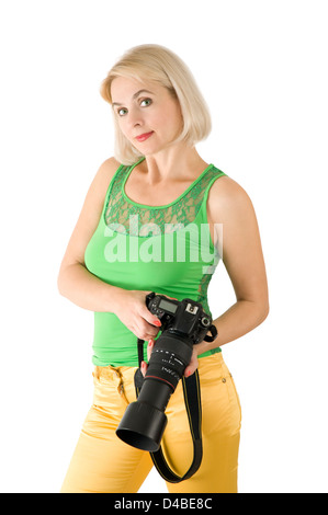 La signora - fotografo è fotografato sullo sfondo bianco Foto Stock