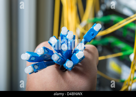 Mano di amministratore mazzetto di contenimento di cavi di fibre ottiche con connettori Foto Stock