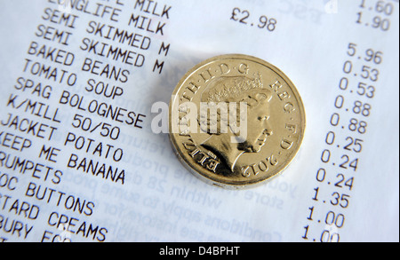 Supermercato fino al ricevimento con una sterlina moneta RE AUMENTO DEL COSTO DEGLI ALIMENTI I redditi salariali bilanci Domestici Shopping L'inflazione dei prezzi REGNO UNITO Foto Stock