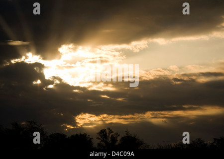 Raggi di sole lo scoppio attraverso nuvole temporalesche. Foto Stock