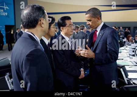 Il presidente Barack Obama ha colloqui con il presidente cinese Hu Jintao durante il G-20 Foto Stock