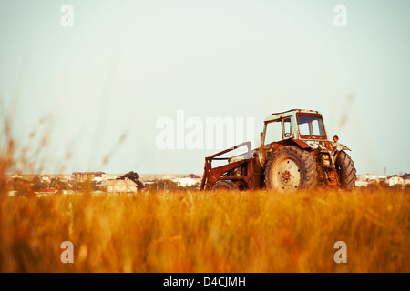 Vecchio trattore nel campo giallo Foto Stock