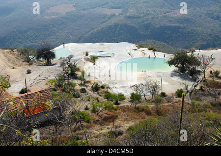 Il carbonato di calcio dà la sua acqua aqua hue di Hierve el Agua sorgenti minerali, Oaxaca, Messico. Foto Stock