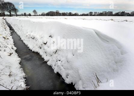 La neve copre le rive di un streamnear congelate di Hannover, Germania, 12 marzo 2013. Le temperature di restare concentrati durante i prossimi giorni. Foto: HOLGER HOLLEMANN Foto Stock