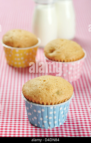 Tre i muffin in colorate pirottini di casi sul rosso sfondo a scacchi Foto Stock