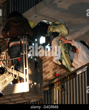 Un vigile del fuoco salva un bambino dal balcone di un Appartamento casa in Freiburg, Germania, 17 aprile 2008. Due persone sono morte dopo un incendio in un appartamento a causa di avvelenamento da fumo. Quattro residenti sono stati feriti, tra loro una donna incinta che è in una condizione critica. Un totale di 270 residente doveva essere liberato. Foto: Patrick Seeger Foto Stock