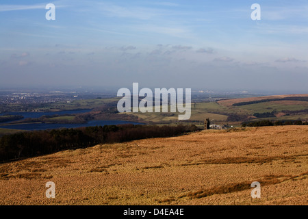 I serbatoi sotto Rivington Pike Horwich Bolton Lancashire Inghilterra Foto Stock