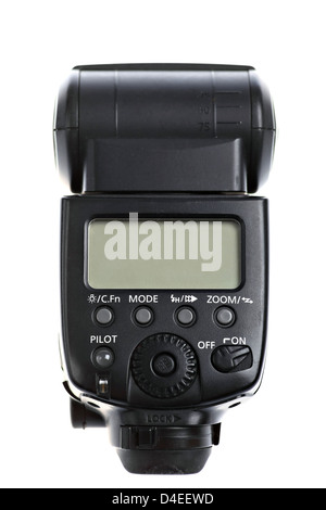 Immagine di un external photo flash della fotocamera isolato su bianco Foto Stock