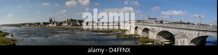 Vista panoramica su Blois, Chateau, fiume Loira e ponte Foto Stock