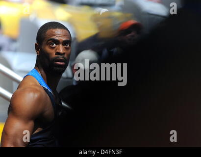 Tyson Gay DA STATI UNITI D'AMERICA reagisce dopo la gli uomini 100m calore dell'Atletica eventi in lo stadio nazionale ai Giochi Olimpici di Pechino 2008, Pechino, Cina, 15 agosto 2008. Foto: Karl-Josef Hildenbrand dpa (c) dpa - Bildfunk Foto Stock