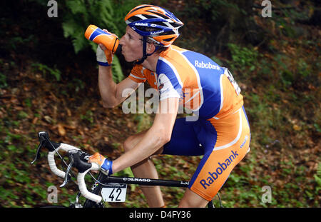 Olandese Mollema Bauke (Team Rabobank) corse durante la terza fase (214,9km da Herrieden a Wiesloch) di corsa di ciclismo " Tour di Germania " in Wiesloch, Germania, 01 settembre 2008. Questo anno il tour in Germania conta otto fasi pari a alltogether 1,408.6 chilometri da Kitzbuehel Austria a Bremen, Germania. Foto: BERND THISSEN Foto Stock