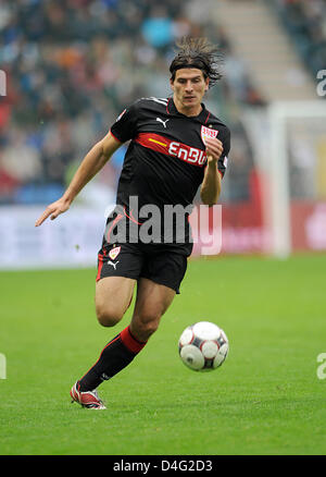 Stoccarda è il riscontro Mario Gomez visto in azione durante la Bundesliga soccer match 1899 Hoffenheim vs VfB Stuttgart a "Carl Benz Stadium" di Mannheim, Germania, 13 settembre 2008. Foto: Uli Deck Foto Stock