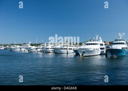 Fila di motor yacht sag harbor MARINA LONG ISLAND NELLO STATO DI NEW YORK STATI UNITI D'AMERICA Foto Stock