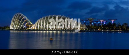 Cupola di fiori e Cloud Forest con Super alberi in Marina Bay Gardens, Singapore Foto Stock
