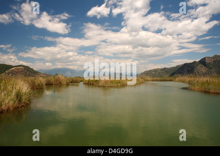 Dalyan fiume nella parte anteriore della roccia tombe di Caunos o Kaunos vicino a Marmaris, Costa Turca dell'Egeo, Turchia, Asia Foto Stock