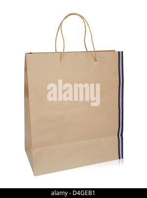 Una carta per lo shopping bag con strisce blu isolato su uno sfondo bianco. Tracciato di ritaglio Foto Stock