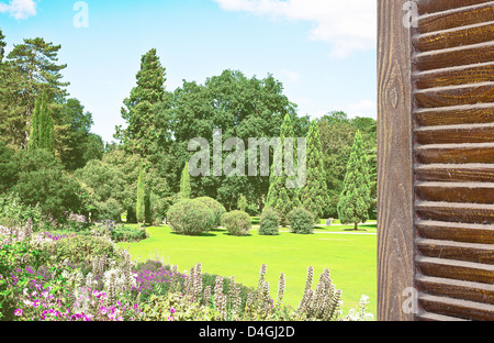 View of beautiful summer garden scene from a window Foto Stock