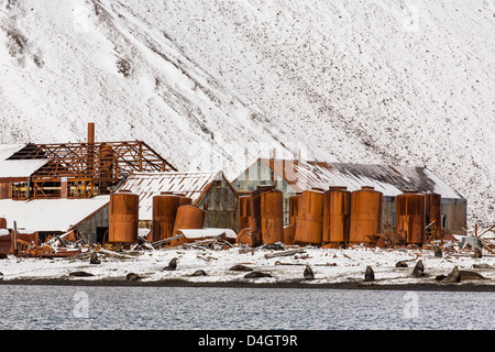 La norvegese abbandonata la stazione baleniera di Stromness Bay, Georgia del Sud e Oceano atlantico, regioni polari Foto Stock