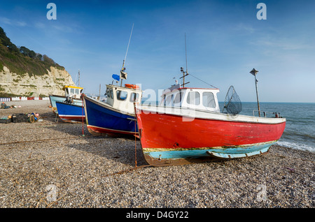 Barche di pescatori sulla spiaggia di birra a Devon la Jurassic Coast. Foto Stock