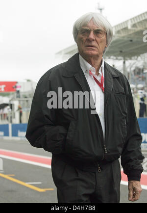 British F1 supremo Bernie Ecclestone passeggiate attraverso la pitlane davanti alla prima sessione di prove libere in Autodromo Carlos Pace in Sao Paulo, SP, Brasile, 31 ottobre 2008. Hamilton potrebbe diventare il più giovane campione del mondo mai come egli è sette punti chiari del brasiliano Felipe Massa della Scuderia Ferrari nel 2008 finale di stagione, il Grand Prix di Formula 1 del Brasile, tenutasi il 02 Novembre 200 Foto Stock