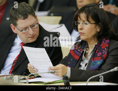 Andrea Ypsilanty (R), parlamentare di leader di partito di Hesse?s Socialdemocratici (SPD) e il partito?s ex top candidato, è raffigurato accanto al DOCUP?s frontale corrente-runner, Thorsten Schaefer-Guembel, durante una discussione al Landtag (stato europeo) di Hesse a Wiesbaden, Germania, 19 novembre 2008. Punto centrale sulla oggi?s'agenda è la dissoluzione dell'Hessian al parlamento di Foto Stock