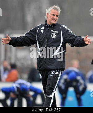 Bundesliga tedesca club FC Schalke 04?s head coach Fred Rutten gesti come il club?s formazione preleva a Gelsenkirchen, Germania, 04 gennaio 2009. Foto: Bernd Thissen Foto Stock