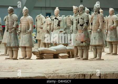 Guerrieri di Terracotta sul display dopo aver perforato insieme al sito del museo a Xi'an, Cina Foto Stock