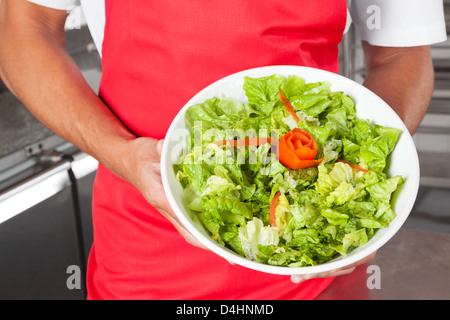 Lo Chef presentando insalata in cucina Foto Stock