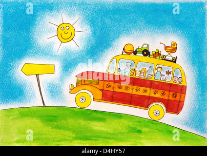 Scuola di viaggio in bus, per bambini Disegno, pittura ad acquarello, cartoon Foto Stock