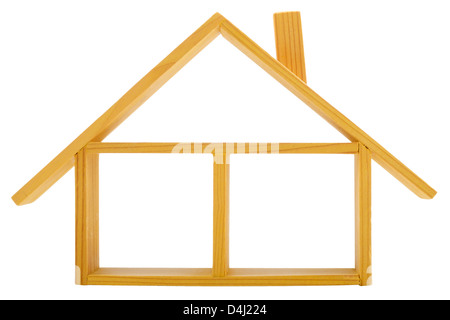 Modello di casa in legno con un pavimento e un tetto, isolato su sfondo bianco Foto Stock