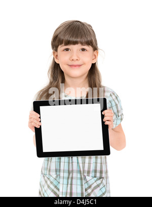 Affascinante bella ragazza con una moderna tavoletta digitale nelle sue mani con la schermata bianca vuota. Isolato su bianco. Foto Stock