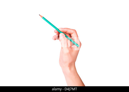 Maschio con mano una matita scrivere qualcosa di isolato su bianco Foto Stock