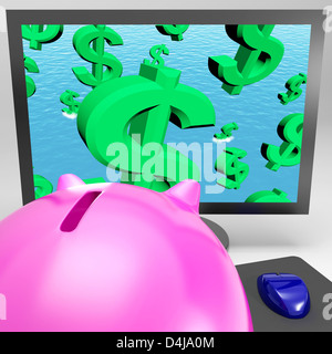 I simboli di dollaro cadere sul monitor che mostra la crisi americana e depressione Foto Stock