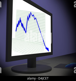 La caduta di freccia su monitor mostra una cattiva statistiche monetarie o depressione Foto Stock