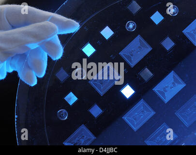 La foto mostra un cosiddetto Mini Laboratorio, delle dimensioni di un francobollo, sviluppato in un nuovo hot stamping processo mediante Jenoptik?s sistemi ottici di ramo in Jena, Germania, 12 febbraio 2009. Migliori strutture del nanometro spettro possono essere efficienti in termini di costo prodotte con questa nuova tecnologia. Tale ottica microstrutturata componenti sono per esempio utilizzati per la diagnosi medica o agente di ricerca. Pho Foto Stock