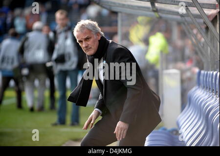 Schalke?s coach Fred Rutten gesti durante la partita della Bundesliga VfL Bochum vs FC Schalke 04 al Rewirpower stadium di Bochum, Germania, 14 febbraio 2009. Bochum ha vinto 2:1. Foto: Federico Gambarini Foto Stock