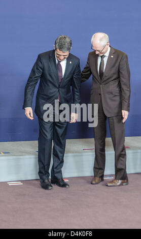 Bruxelles, Belgio. Il 14 marzo 2013. Il presidente della Bulgaria Rosen Plevneliev (L) e Herman Van Rompuy , presidente del Consiglio europeo posano per una foto di famiglia durante la riunione del Consiglio europeo in occasione del Consiglio Europeo con sede a Bruxelles il Consiglio discuterà la situazione economica e le prospettive, come pure gli affari esteri, comprese le relazioni dell'UE con la Russia e i conflitti in Siria e Mali da Wiktor Dabkowski Credito: dpa picture alliance / Alamy Live News Foto Stock