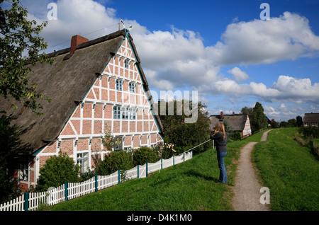 Altes Land, incorniciato vecchio casale a Este dike in Jork-Koenigreich, Bassa Sassonia, Germania Foto Stock