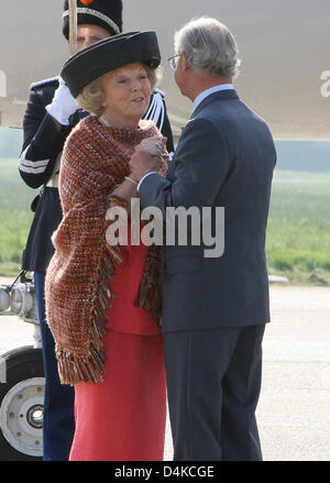 La regina Beatrice dei Paesi Bassi (C) dice addio al Re Carlo XVI Gustavo di Svezia (R) a Eelde aeroporto di Groningen nei Paesi Bassi, 23 aprile 2009. Lo svedese della coppia reale è su una tre giorni di visita di stato in Olanda dal 21 al 23 aprile 2009. Foto: Albert Nieboer (PAESI BASSI) Foto Stock