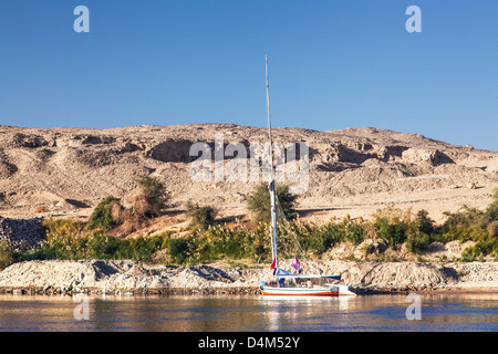 Tourist felucca ormeggiati lungo la sponda del Nilo vicino a Aswan. Foto Stock