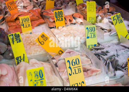 Pescivendolo display di pesce con salmone e altri pesci bistecche in Chinatown, New York Foto Stock