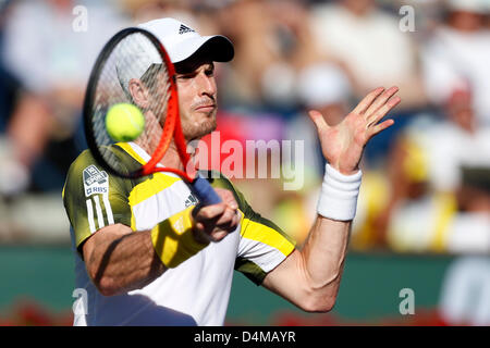 15 Marzo 2013: Andy Murray di Gran Bretagna restituisce un colpo contro Juan Martin Del Potro di Argentina durante il BNP Paribas Open a Indian Wells Tennis Garden di Indian Wells, California Foto Stock