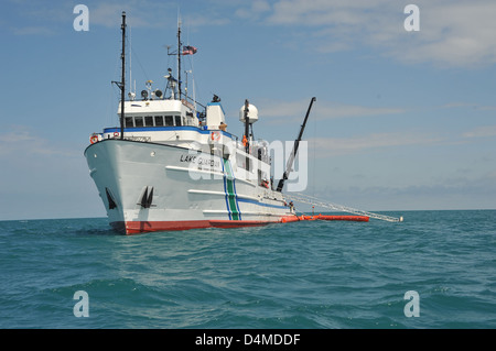 La Guardia Costiera degli Stati Uniti dispiega un Vessel of Opportunity Skimming System (VOSS) a bordo di una nave EPA in risposta a una fuoriuscita di petrolio. Questo sistema è progettato per recuperare in modo efficiente l'olio dall'acqua, favorendo il contenimento delle fuoriuscite e la protezione ambientale. Foto Stock