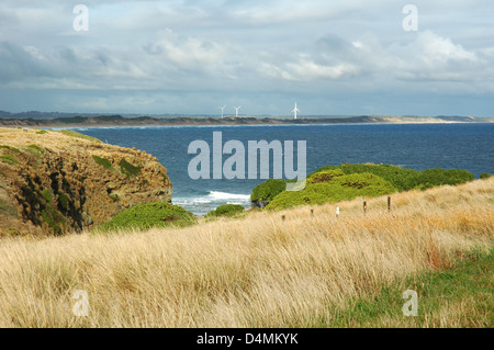 Grandi turbine eoliche sulla costa dei bassi, South Gippsland, Victoria, Australia. Foto Stock